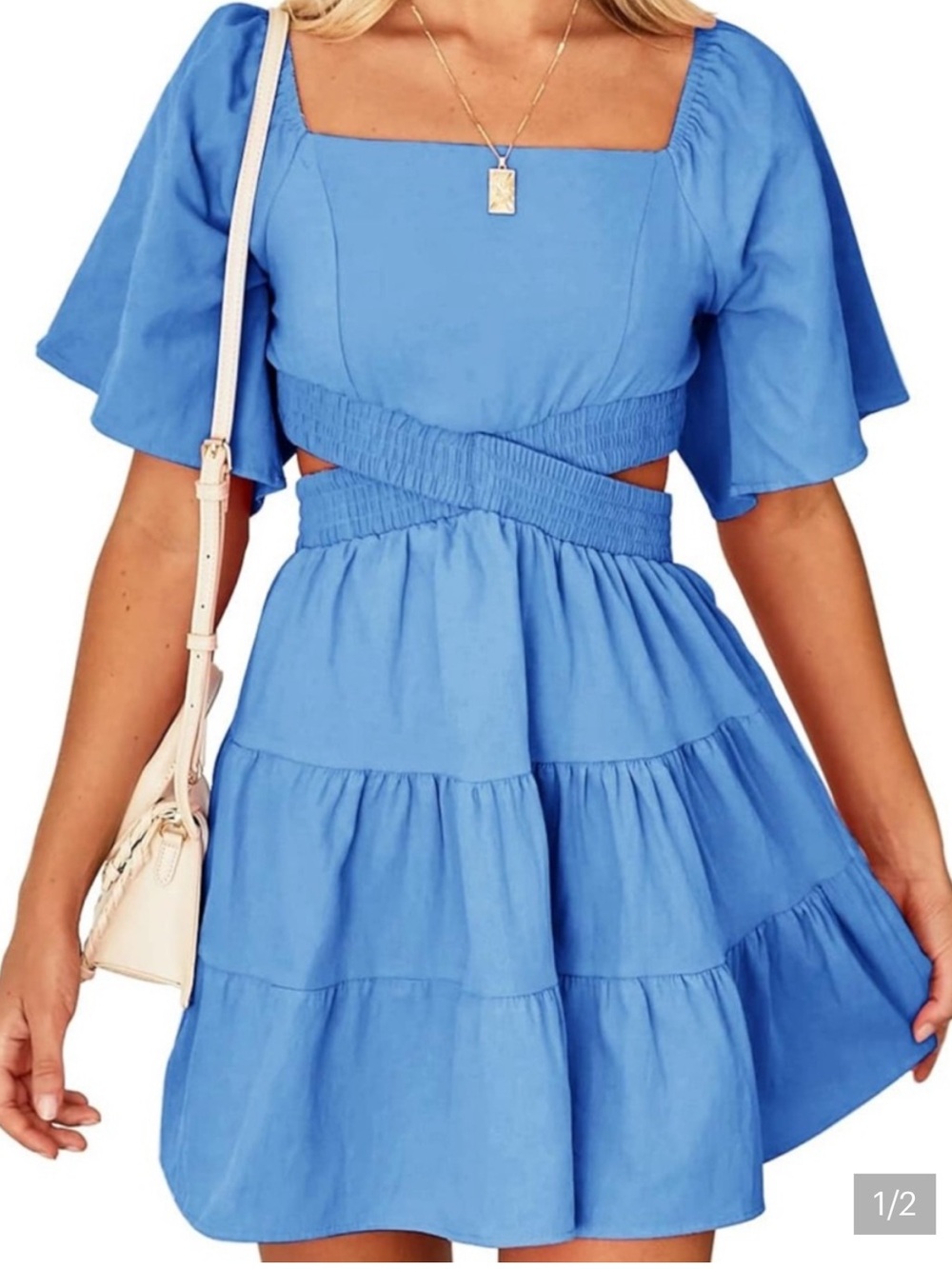 Free People Sky Blue Square Neck Tiered Mini Dress with Cutout Waist